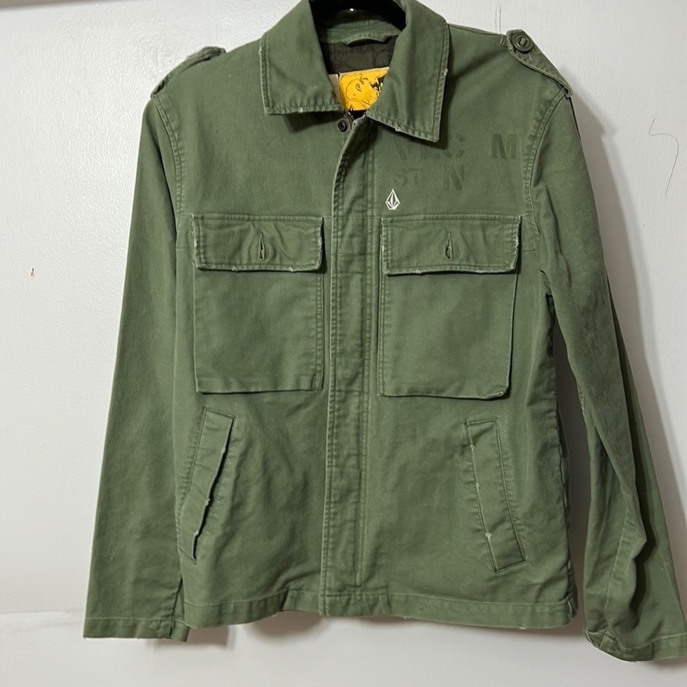 Volcom Scout Men's Large Military Army Green Denim Jacket Zip Snap Size Small
